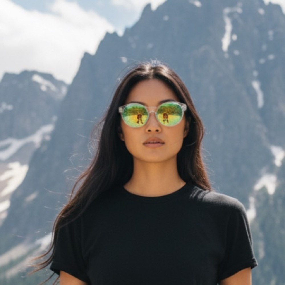 AQS Clear Framed Sunglasses Green Mirror Lenses